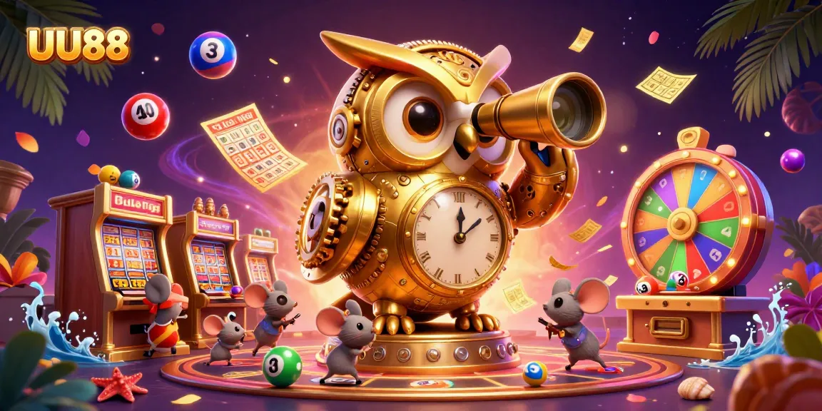 Experience thrilling gameplay with UU88, featuring colorful lottery balls and a golden owl in a vibrant casino scene.