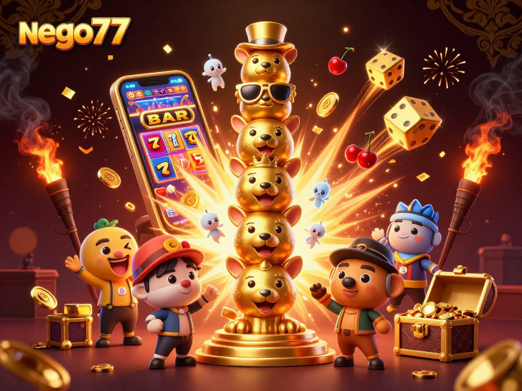 Nego77 attracts players with slot machine jackpots and animated casino elements bursting with excitement.