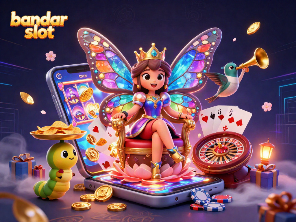 Mainkan bandar slot dengan ratu kupu-kupu berkilau, simbol permainan dan chip emas.