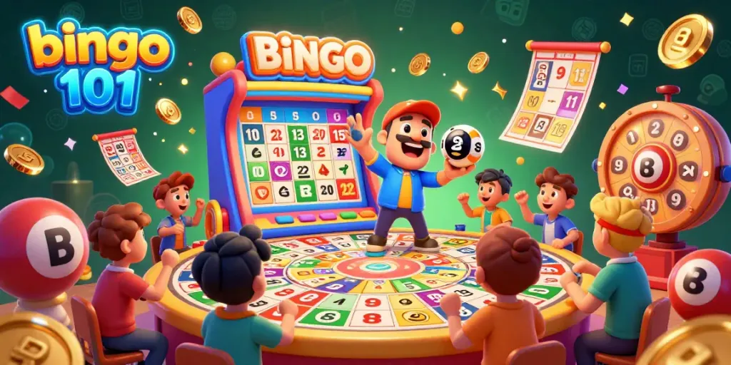 Engage in bingo 101 excitement, vibrant characters and games surrounded by colorful atmosphere.