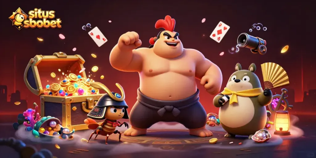 Engage in thrilling action at situs sbobet with a dynamic scene featuring our powerful sumo wrestler and playful characters.