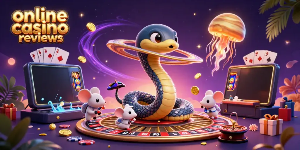 Engaging scene showcasing online casino reviews with a lively cosmic gambling theme featuring animated characters.