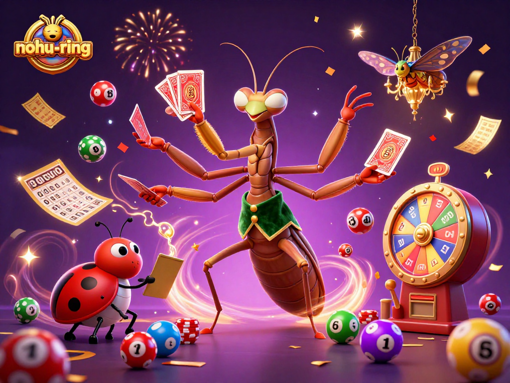 Experience the excitement of nohu-ring as a giant mantis deals cards amidst colorful lottery elements.