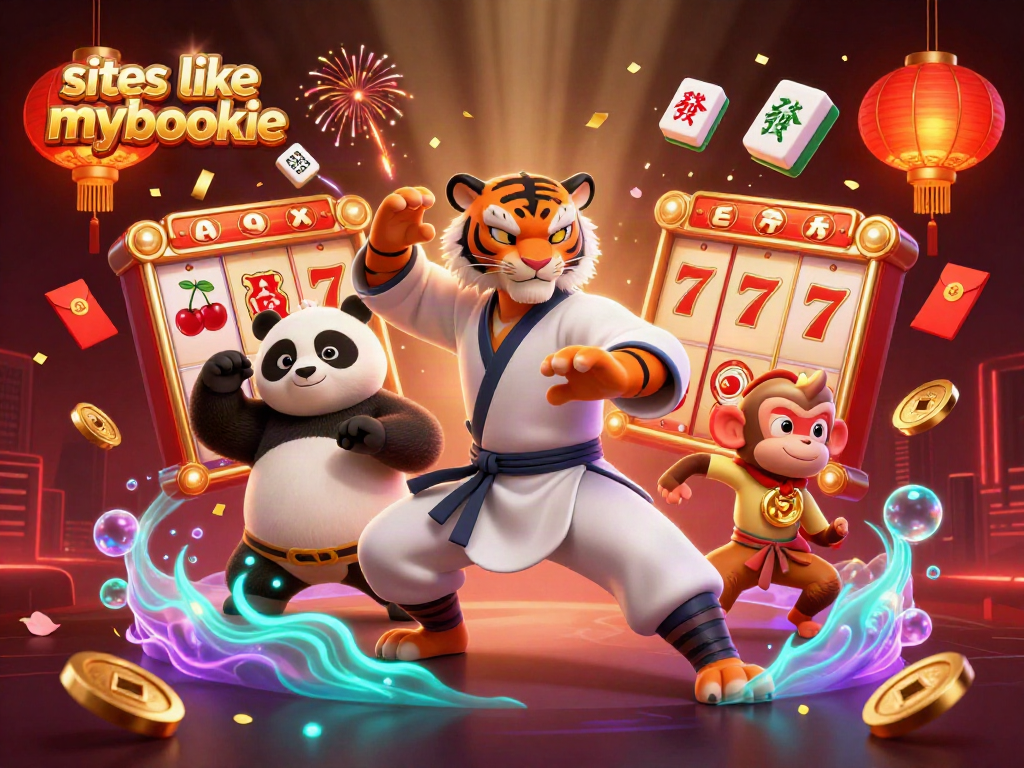 Engage with dynamic scenes like mybookie featuring a kung fu tiger, panda, and monkey in a vibrant casino atmosphere.