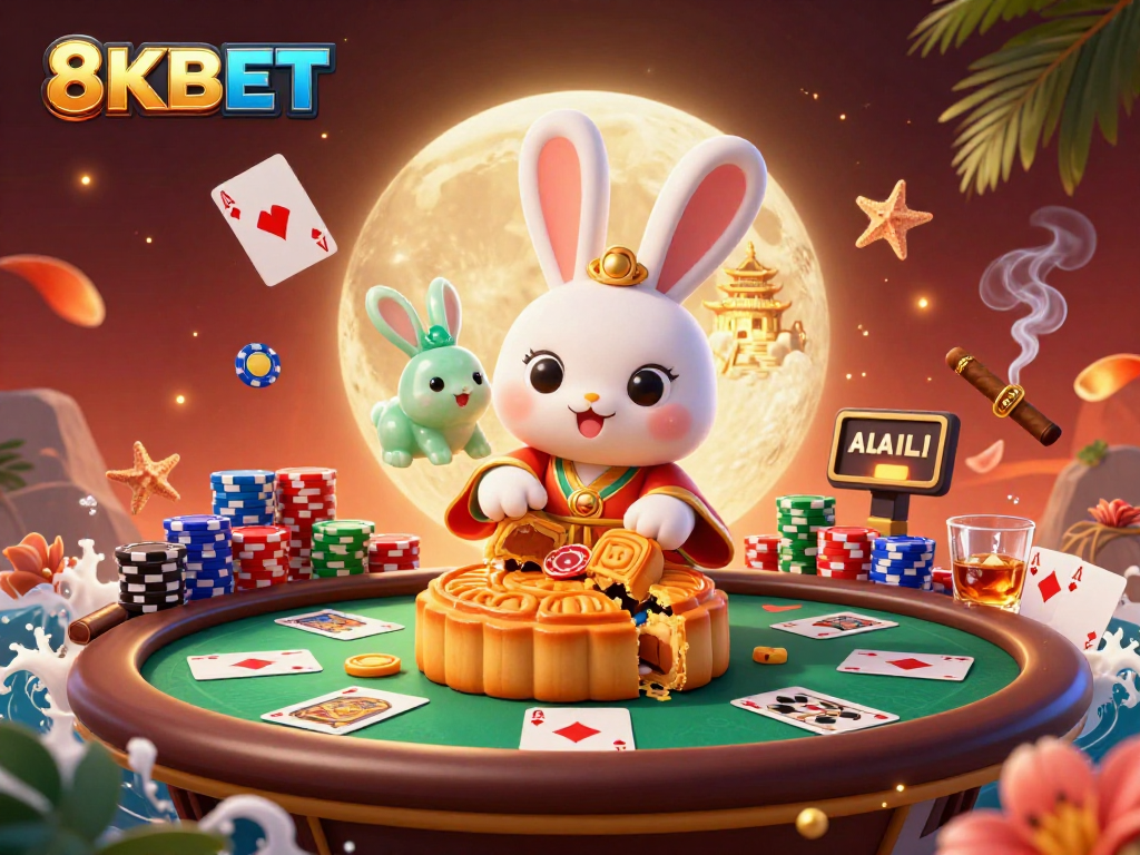 Experience the thrill of 8KBET with a 3D moon rabbit and poker chips in a vibrant casino scene.