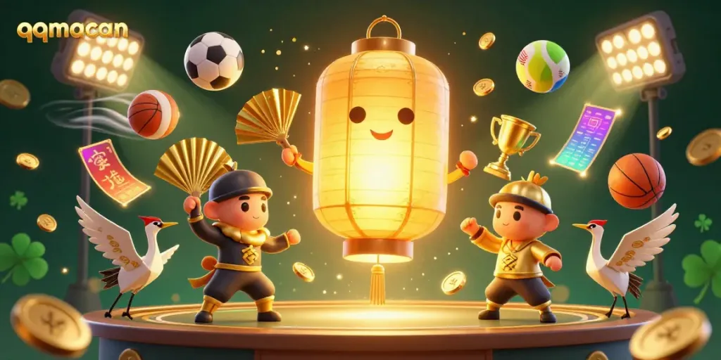 Experience the thrills of qqmacan with vibrant character illustrations, dynamic sports elements, and a lively casino atmosphere.