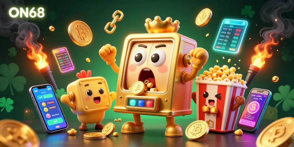 ON68's golden slot machine celebrates a jackpot while baby machines cheer in a vibrant 3D casino scene.