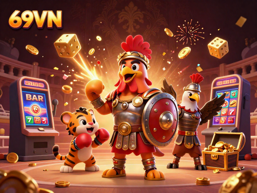 Experience the exciting world of 69VN with a vibrant casino scene showcasing a rooster gladiator, jackpot, and game elements.