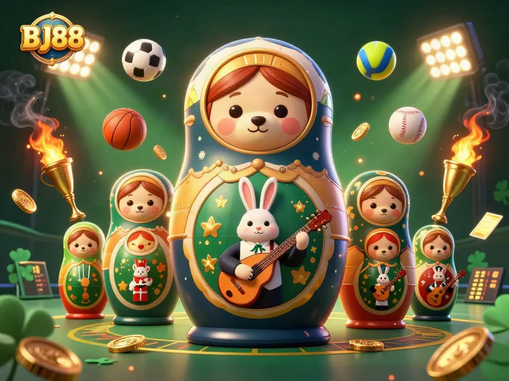 Experience thrilling gameplay at BJ88 with a vibrant casino illustration showcasing dynamic sports and gaming elements.
