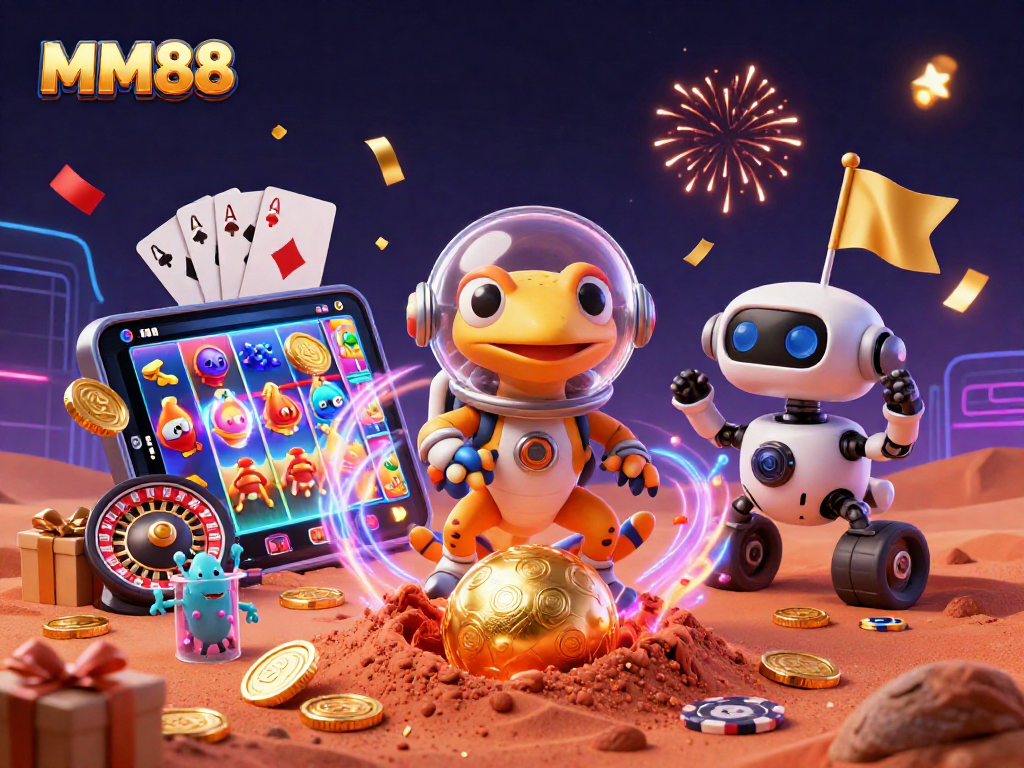 Experience MM88's vibrant gaming world with a Martian gecko discovering gold and fun.