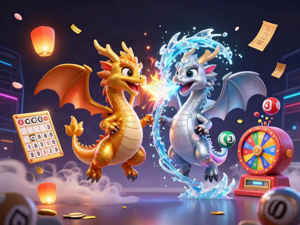 Experience DN88's thrilling gaming atmosphere with 3D dragons amid vibrant lottery elements.