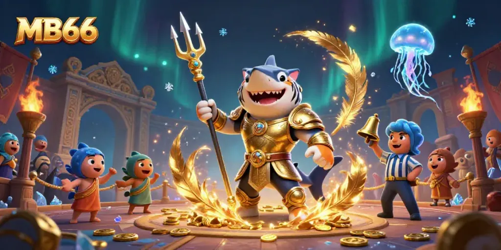 MB66 illustrates a dynamic underwater colosseum scene with a tiger shark in gladiator armor, cheering fish, and gaming elements.