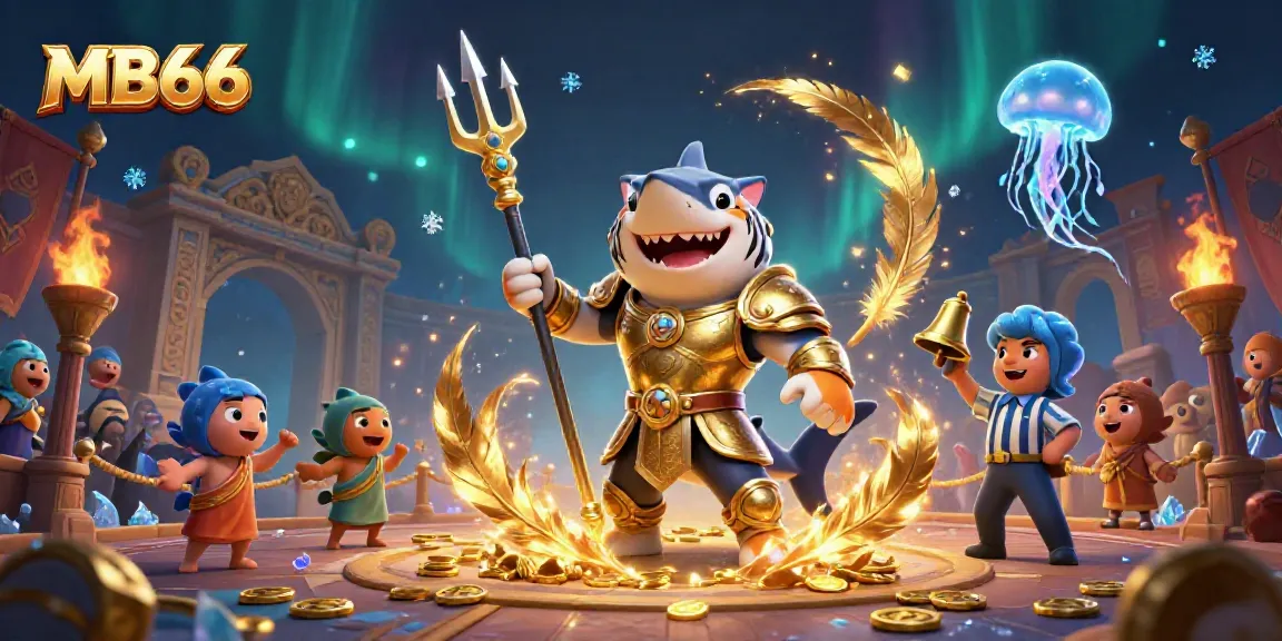 MB66 illustrates a dynamic underwater colosseum scene with a tiger shark in gladiator armor, cheering fish, and gaming elements.