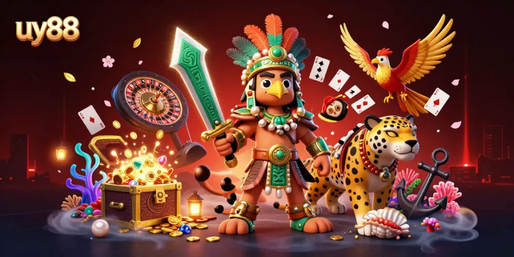 Engage with uy88's vibrant casino world, featuring an Aztec eagle, jaguar warrior, and spinning roulette.