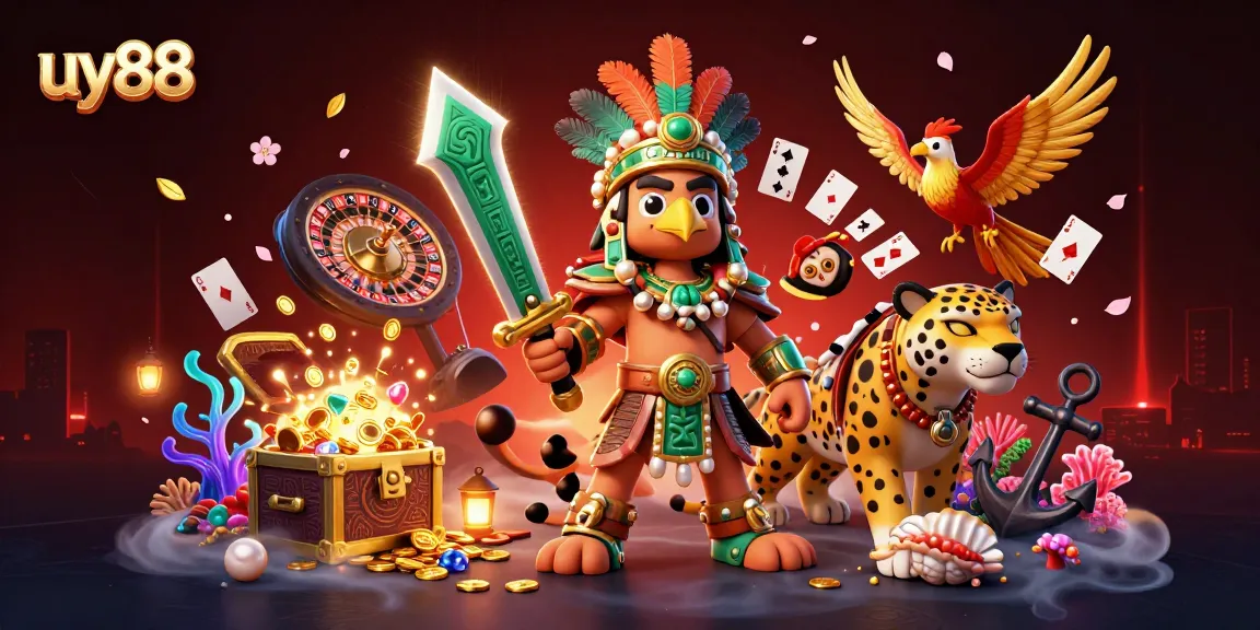 Engage with uy88's vibrant casino world, featuring an Aztec eagle, jaguar warrior, and spinning roulette.