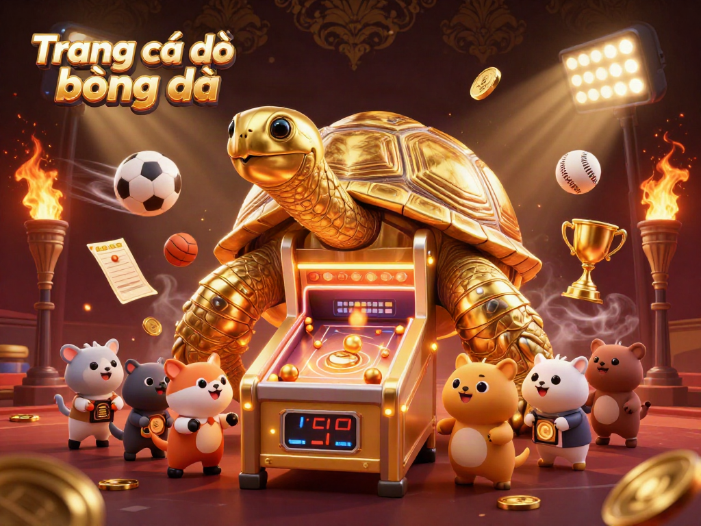 Experience Trang cá độ bóng đá with an energetic scene of a colossal tortoise game machine surrounded by festive sports elements.