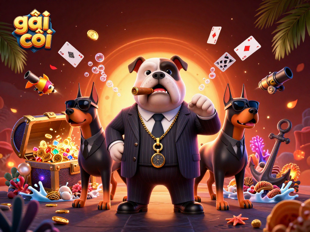 gái gọi themed illustration with a mafia bulldog and Doberman bodyguards surrounded by casino elements