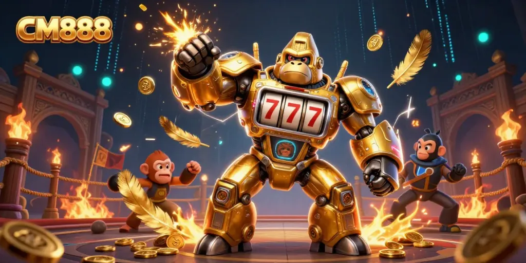 Experience thrilling gaming action with CM888's vibrant casino scene featuring dynamic 3D characters and elements.