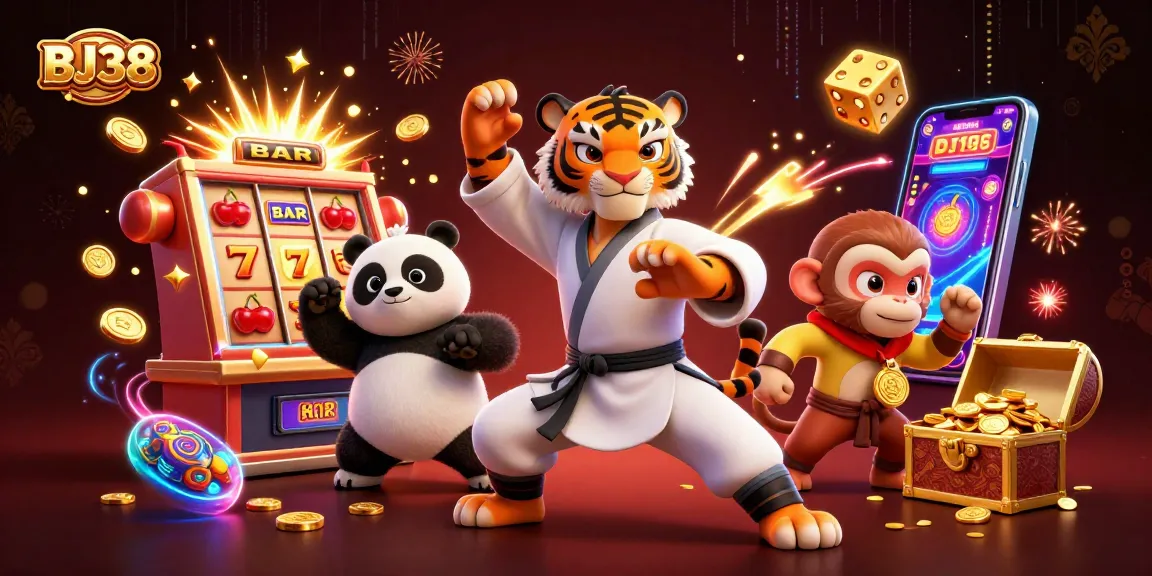 Experience thrilling BJ38 casino action with cartoon kung fu characters amidst vibrant game elements.