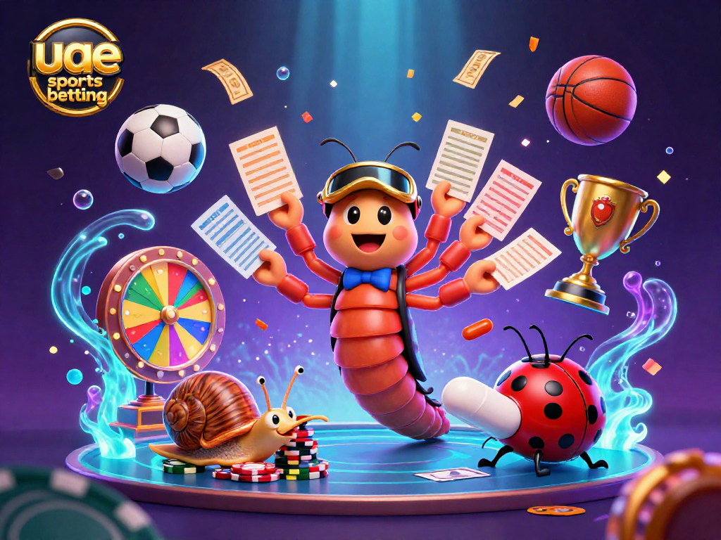 Experience thrilling uae sports betting action with vibrant characters, betting slips, and dynamic sports elements.