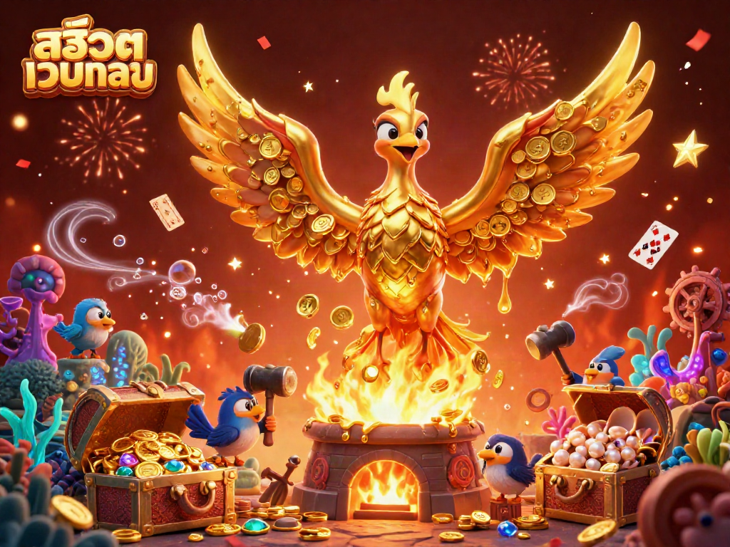Experience the thrill of สล็อตเว็บตรง with a golden phoenix and treasure in a vibrant 3D illustration.