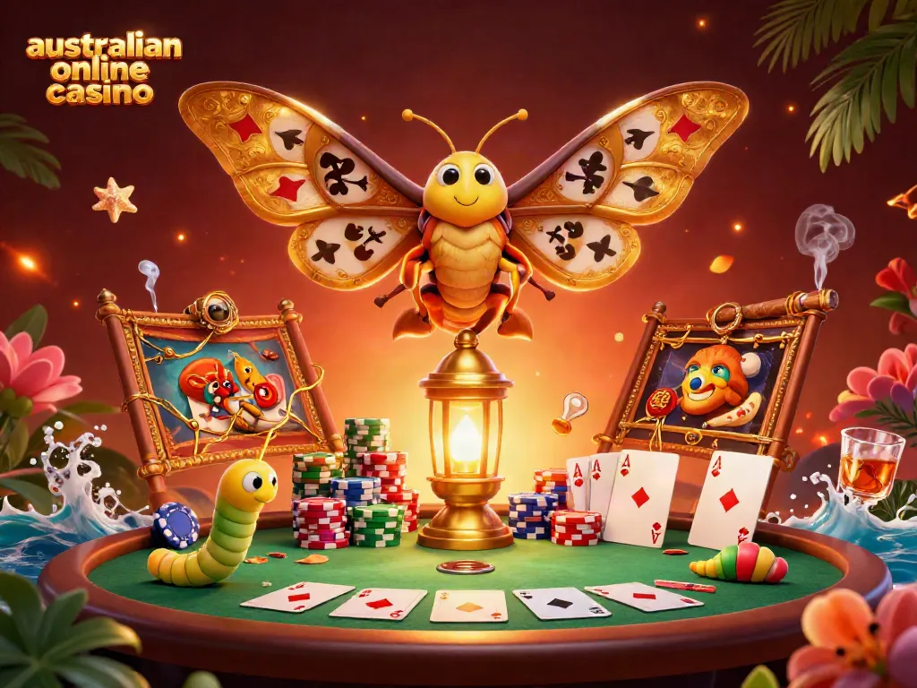 Engage with the vibrant world of australian online casino gaming, featuring a majestic atlas moth and casino elements.