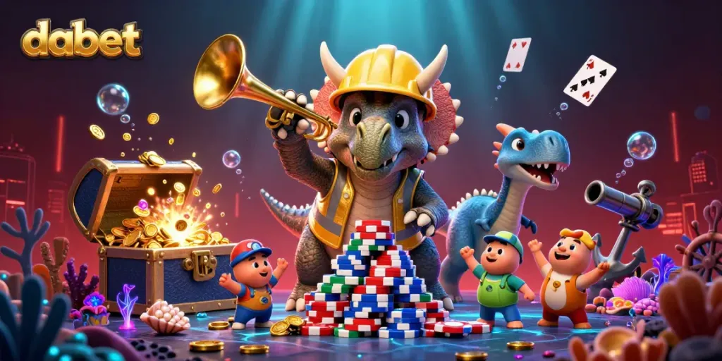 Dabet gamers build poker chip pyramids while celebrating amidst colorful casino treasures.