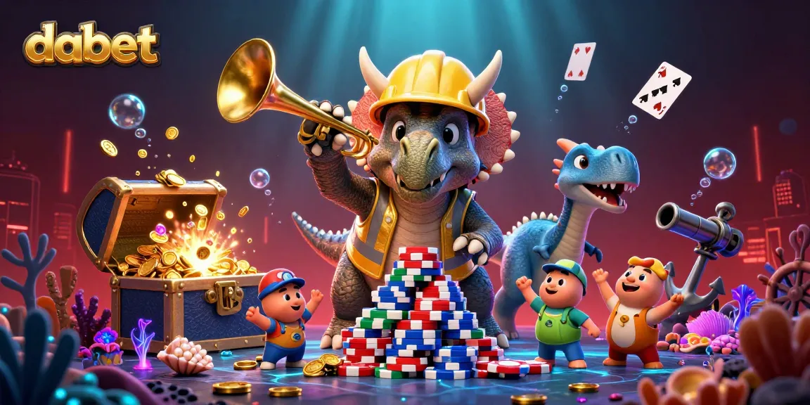 Dabet gamers build poker chip pyramids while celebrating amidst colorful casino treasures.