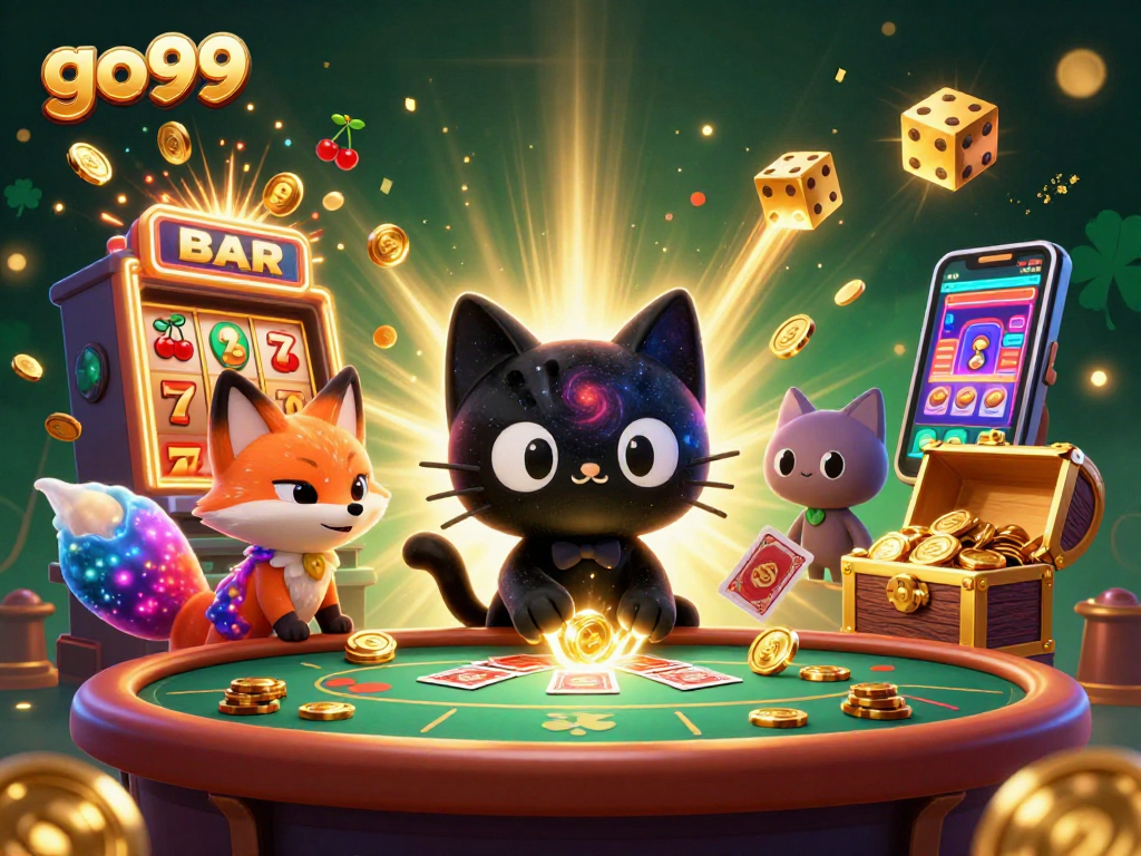Experience go99's exciting games with a cosmic cat and vibrant casino elements in a stunning illustration.