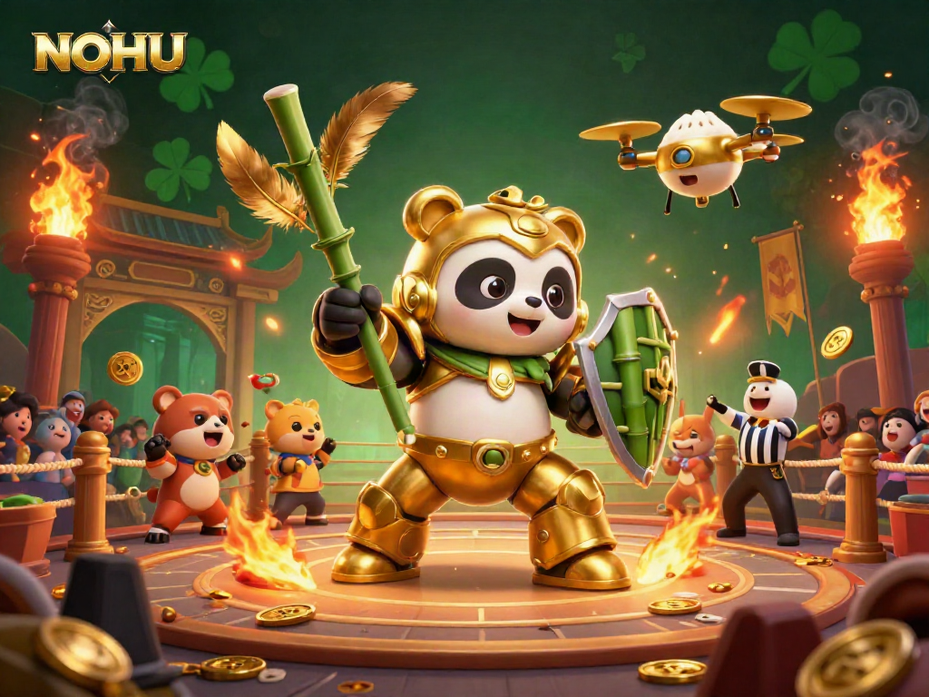 Engage in NOHU casino adventures featuring a golden panda piloting a robot in a vibrant arena filled with dynamic energy.