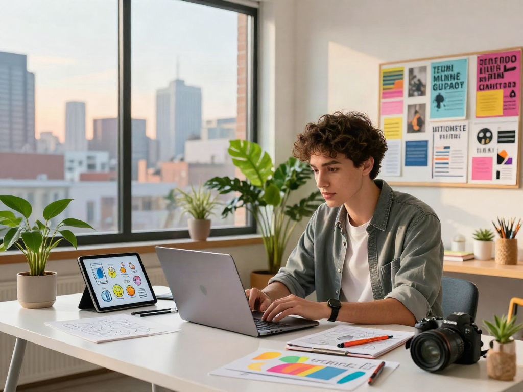 Young entrepreneur immersed in creative work with peh888 inspirations in a vibrant urban studio.