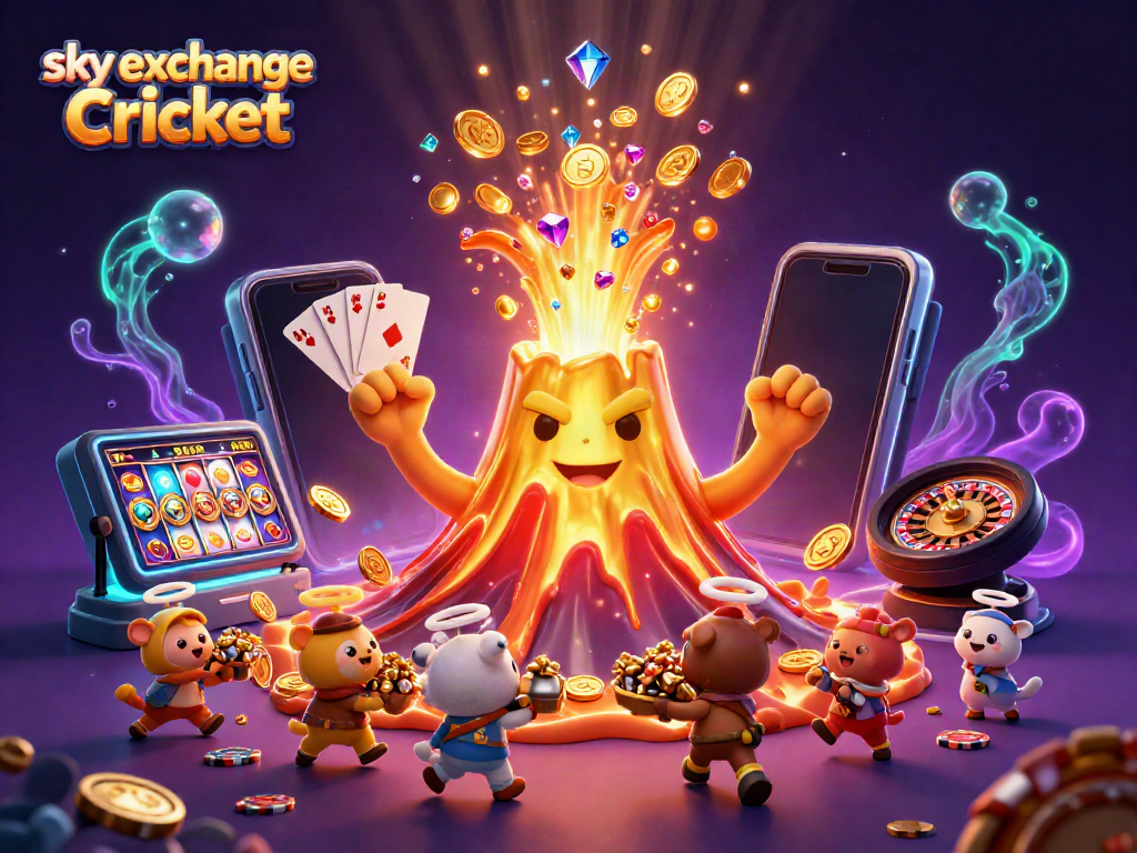 Join the excitement of sky exchange Cricket with a golden volcano erupting coins in this 3D casino scene.