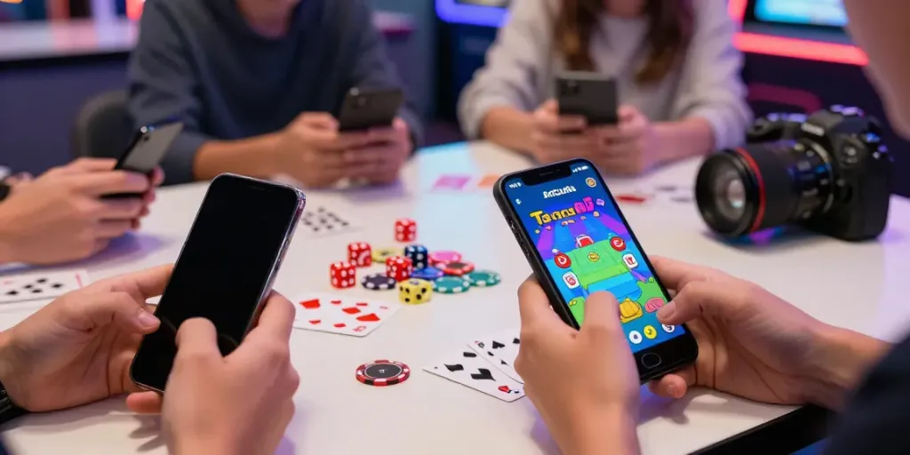 Engaging scene of a player enjoying Yono Arcade on mobile, surrounded by gaming tools and colorful ambiance.