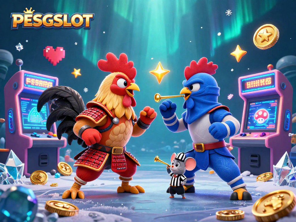 PESGSLOT menampilkan duel seru dua ayam kartun 3D dengan suasana kasino yang menarik dan beragam elemen permainan.