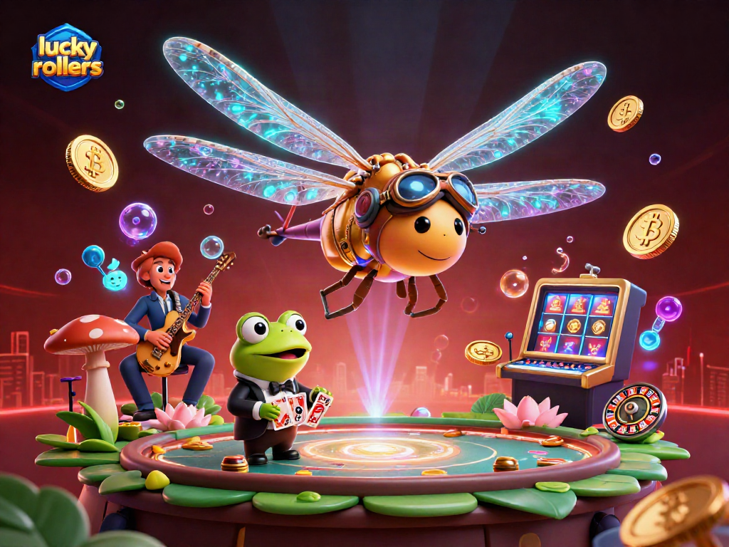 Experience thrilling gaming with lucky rollers in a vibrant 3D casino scene featuring unique characters.
