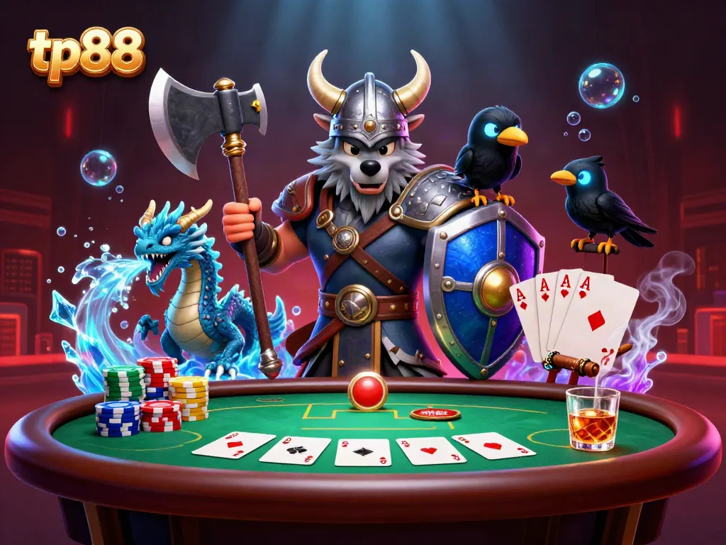 Experience tp88’s thrilling poker scene with a fierce Viking warrior, dragon, and poker elements.