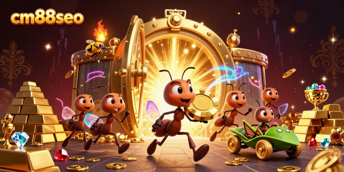 Experience thrilling heists with cm88seo as 3D ants rescue giant golden poker chips in a vibrant casino scene.