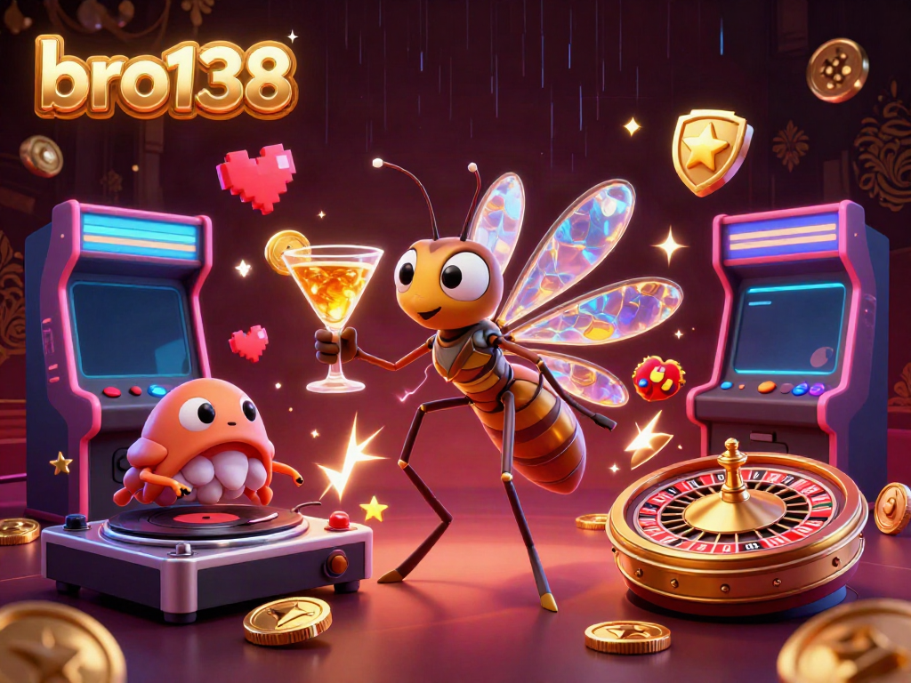 Engage with bro138's casino magic as a 3D animated mosquito mascot holds a golden cocktail with neon elements.