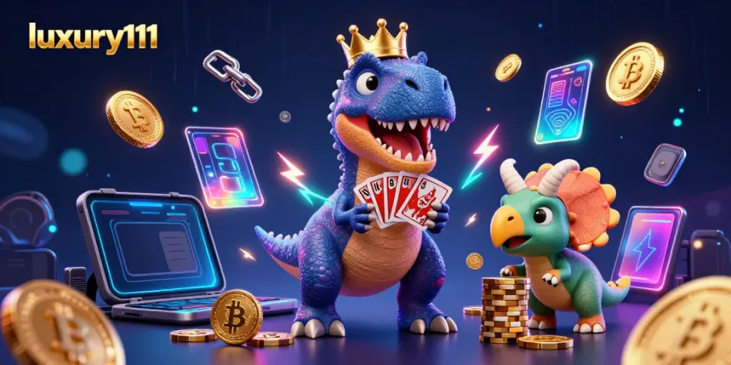 Join luxury111 for thrilling games with a fun T-Rex and friends in a vibrant casino scene!