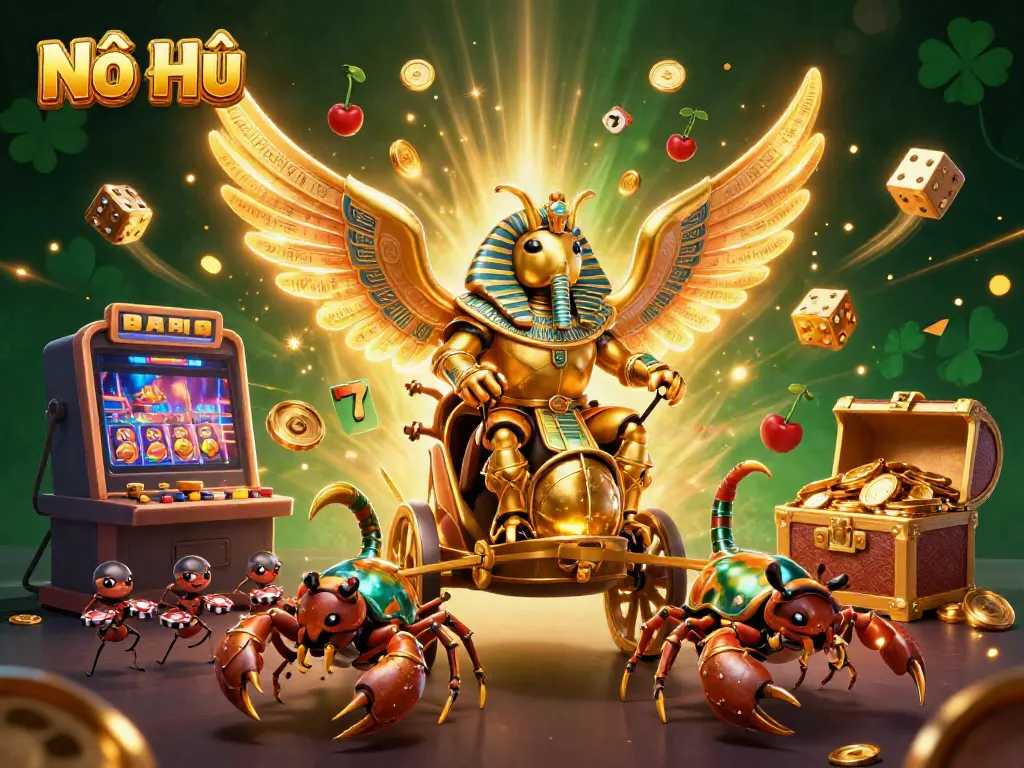 Nổ Hũ showcases a dynamic casino scene with a golden scarab, scorpions, and vibrant slot elements.