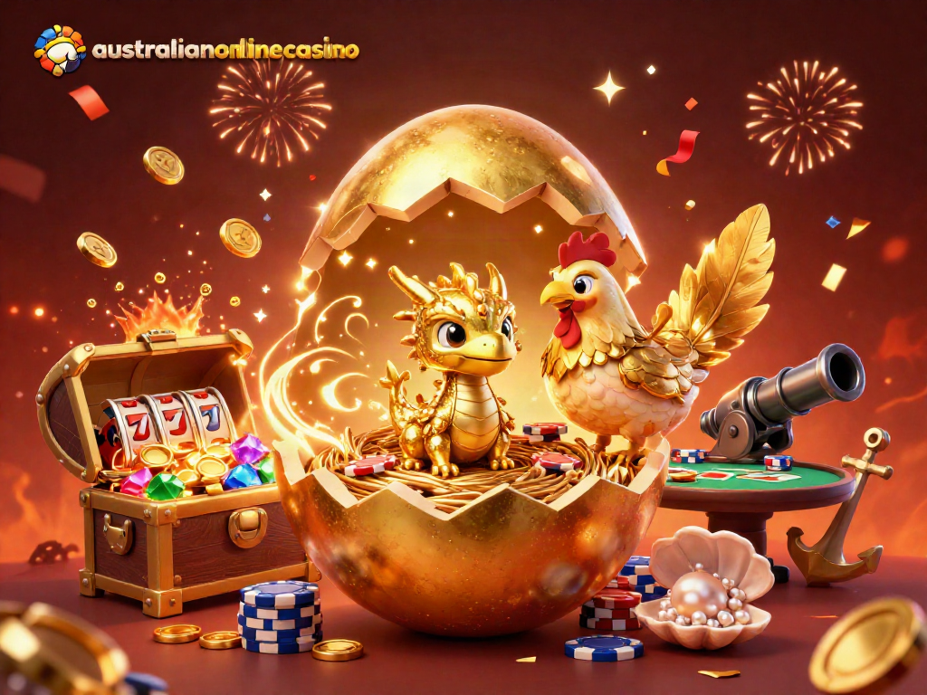 Engage with the fun of australianonlinecasino while a baby dragon reveals treasures amidst golden casino elements.