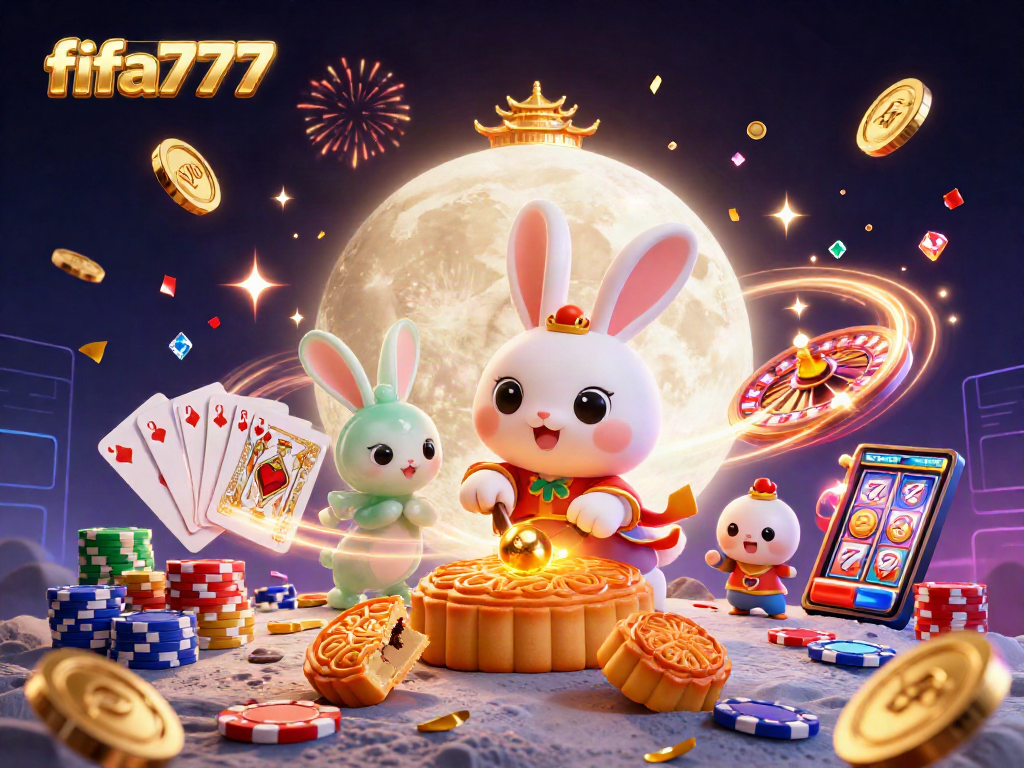 Experience thrilling wins with fifa777 in a vibrant 3D illustration of a moon rabbit and casino elements.