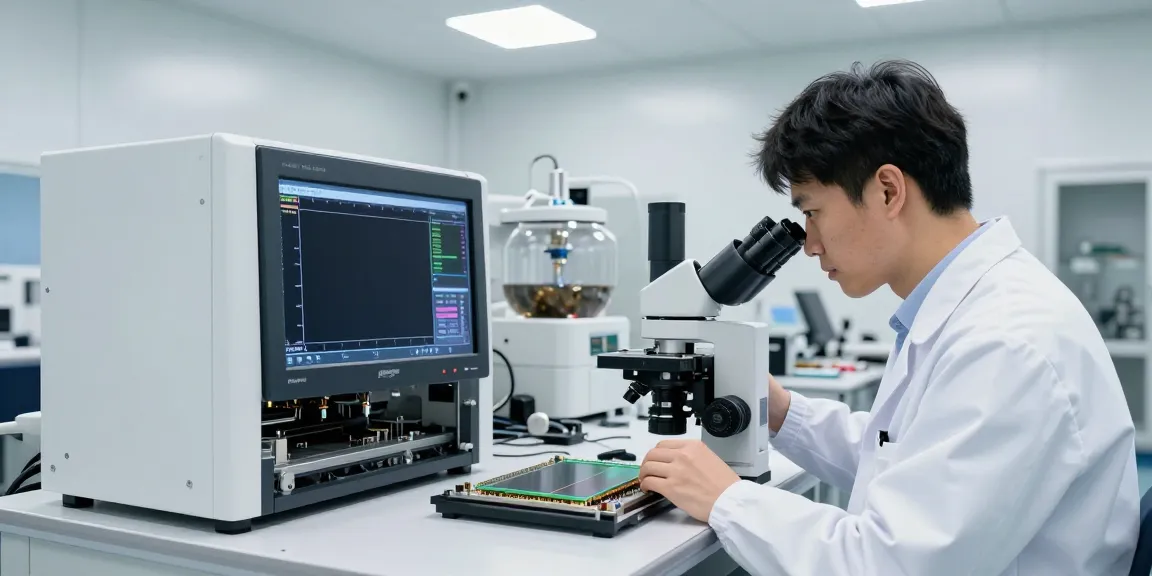 Proses produksi semikonduktor di https://www.oe-semiconductor.com/index2.html dengan insinyur menganalisis wafer silikon.
