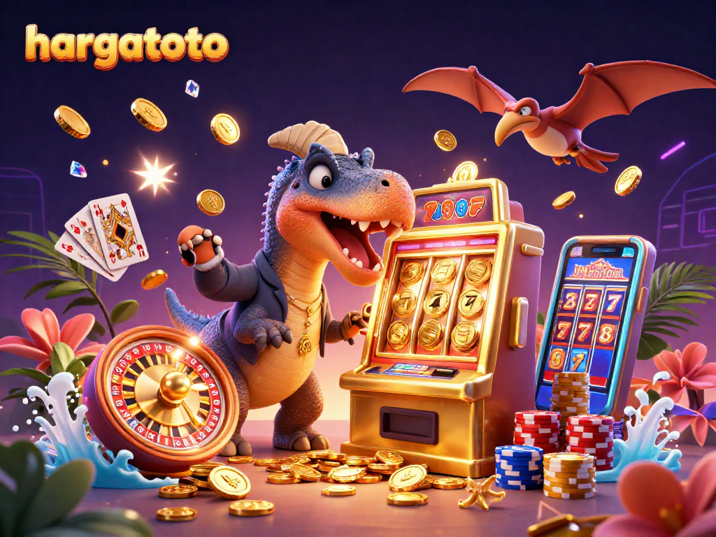 Experience the thrill of hargatoto as a dinosaur turns a slot machine, winning golden coins.