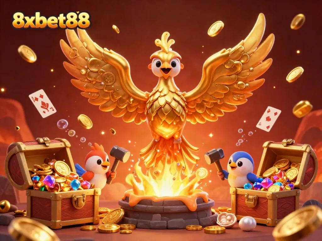 Engage with exciting gameplay opportunities at 8xbet88 with vibrant visuals of a molten phoenix and dazzling treasure.