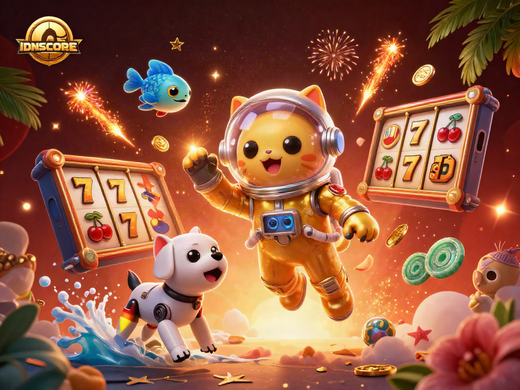 Experience the thrill of IDNSCORE with vibrant slot games in a fantastical 3D casino scene.