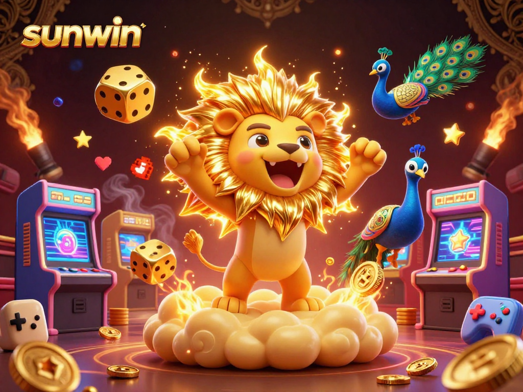 Experience the excitement of sunwin with a 3D cartoon illustration of a roaring sun lion amidst vibrant casino elements.