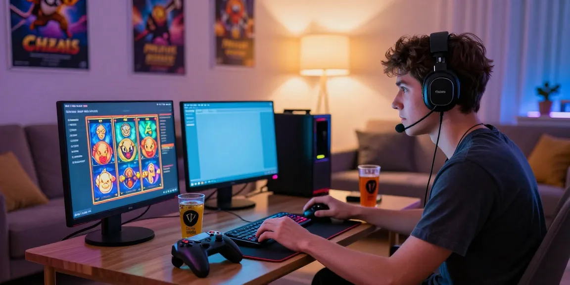 Exciting slot demo gaming scene in a cozy living room with a focused player.