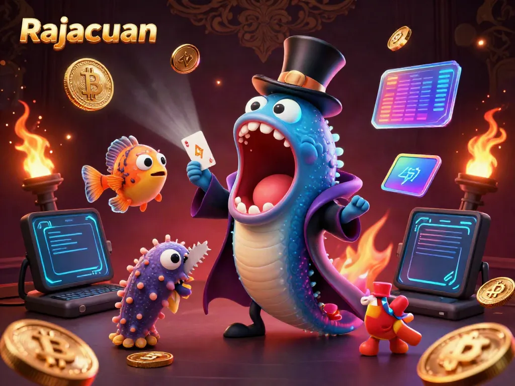 Dalam permainan Rajacuan, ikan gulper eel menampilkan trik kartu yang menakjubkan sembari dikelilingi koin Bitcoin dan Ethereum.