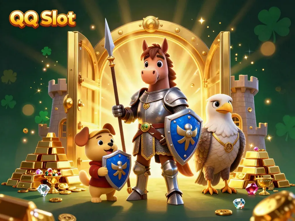 Experience thrilling adventures in QQ Slot with medieval characters amidst treasure and gems.